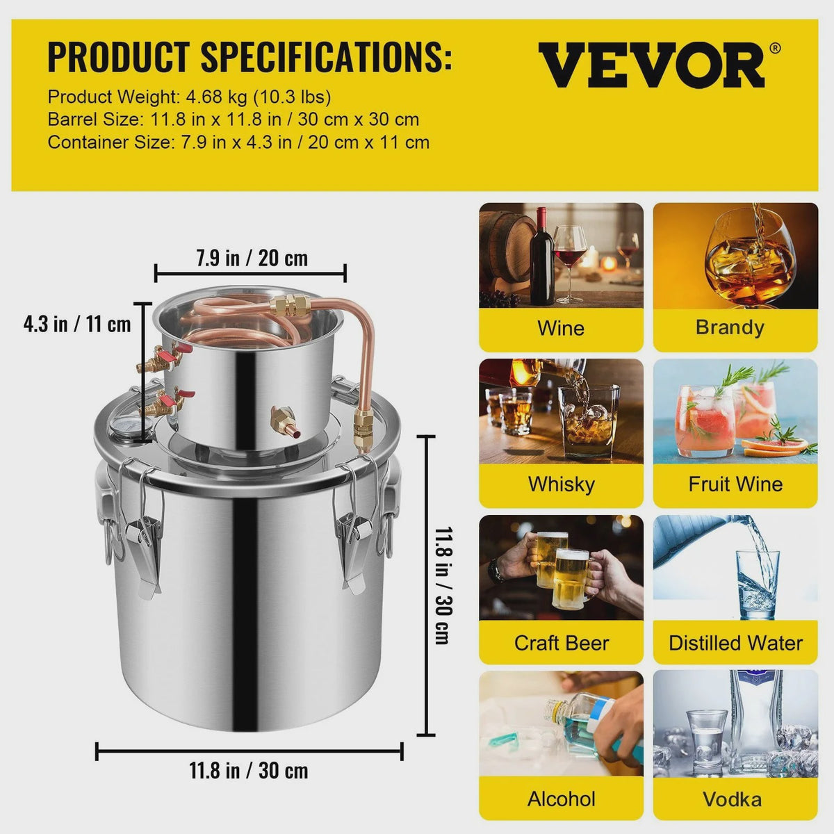 VEVOR 19L RVS Alcohol Distilleerder - Koperen Koeler voor Wijn, Whisky, Essentiële Olie