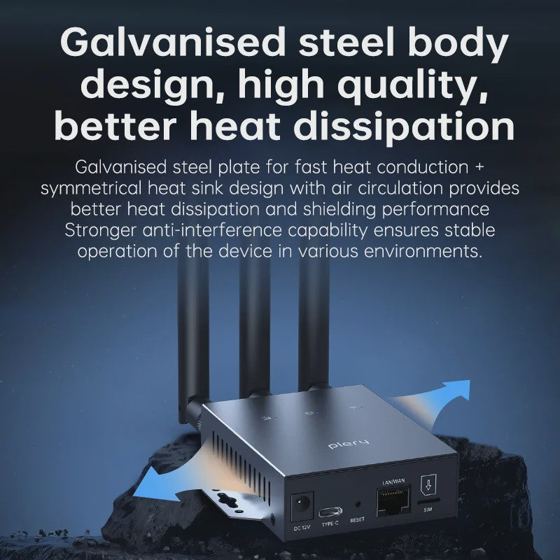 Plery 4G LTE WiFi 6 Router - 300Mbps, 3 Antennet, 32 Apparaten, Industrieel, VPN