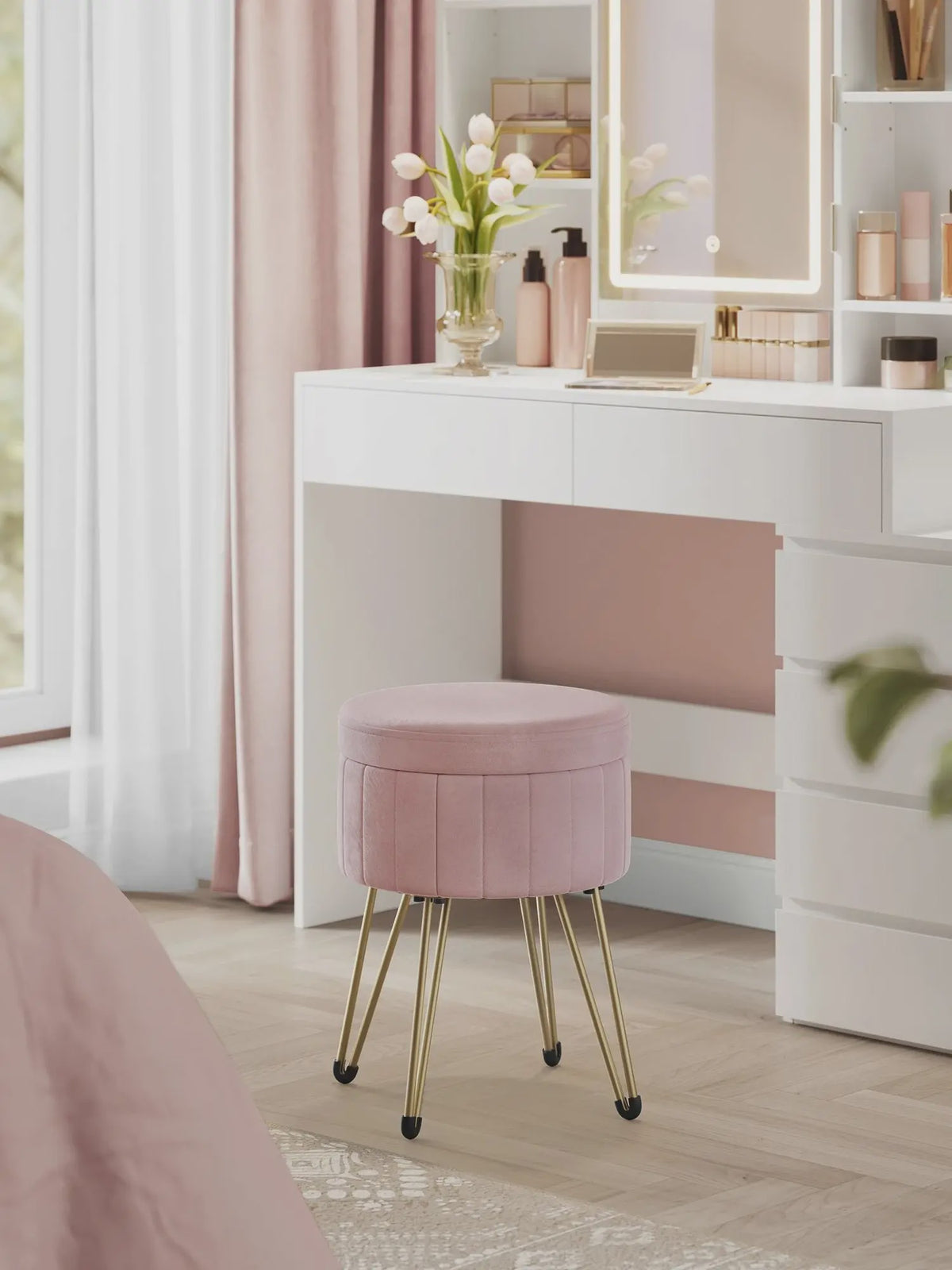 Verstelbare Fluwelen Poef met Opbergruimte en Metalen Poten - Elegant & Comfortabel