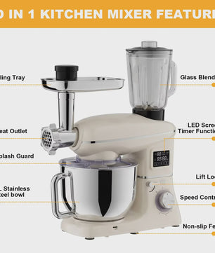 1900W Multifunctionele Planeetmixer met Vleesmolen & Blender - 6 Snelheden & LED Display