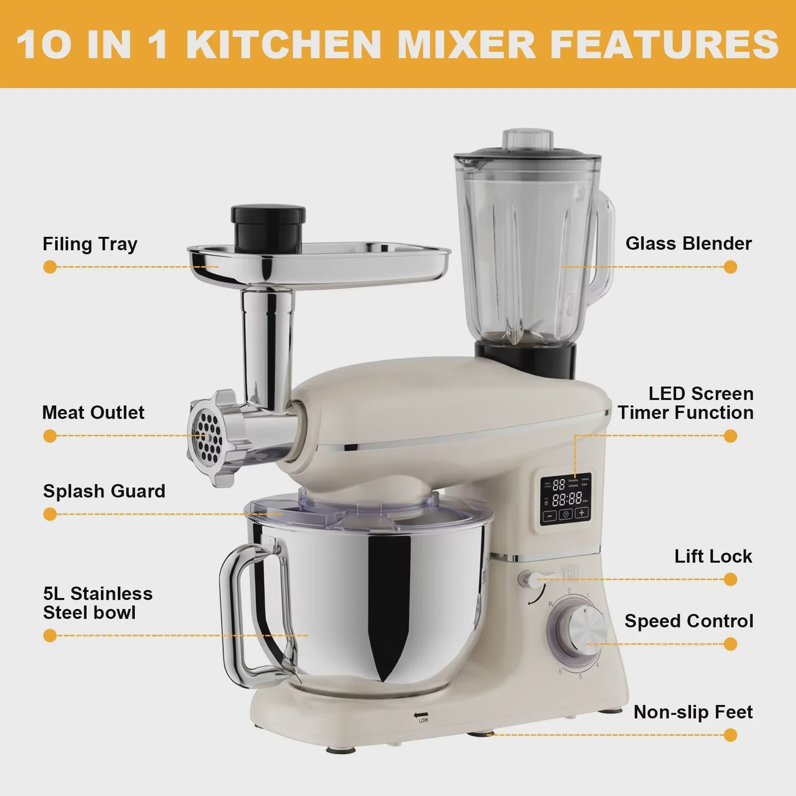 1900W Multifunctionele Planeetmixer met Vleesmolen & Blender - 6 Snelheden & LED Display