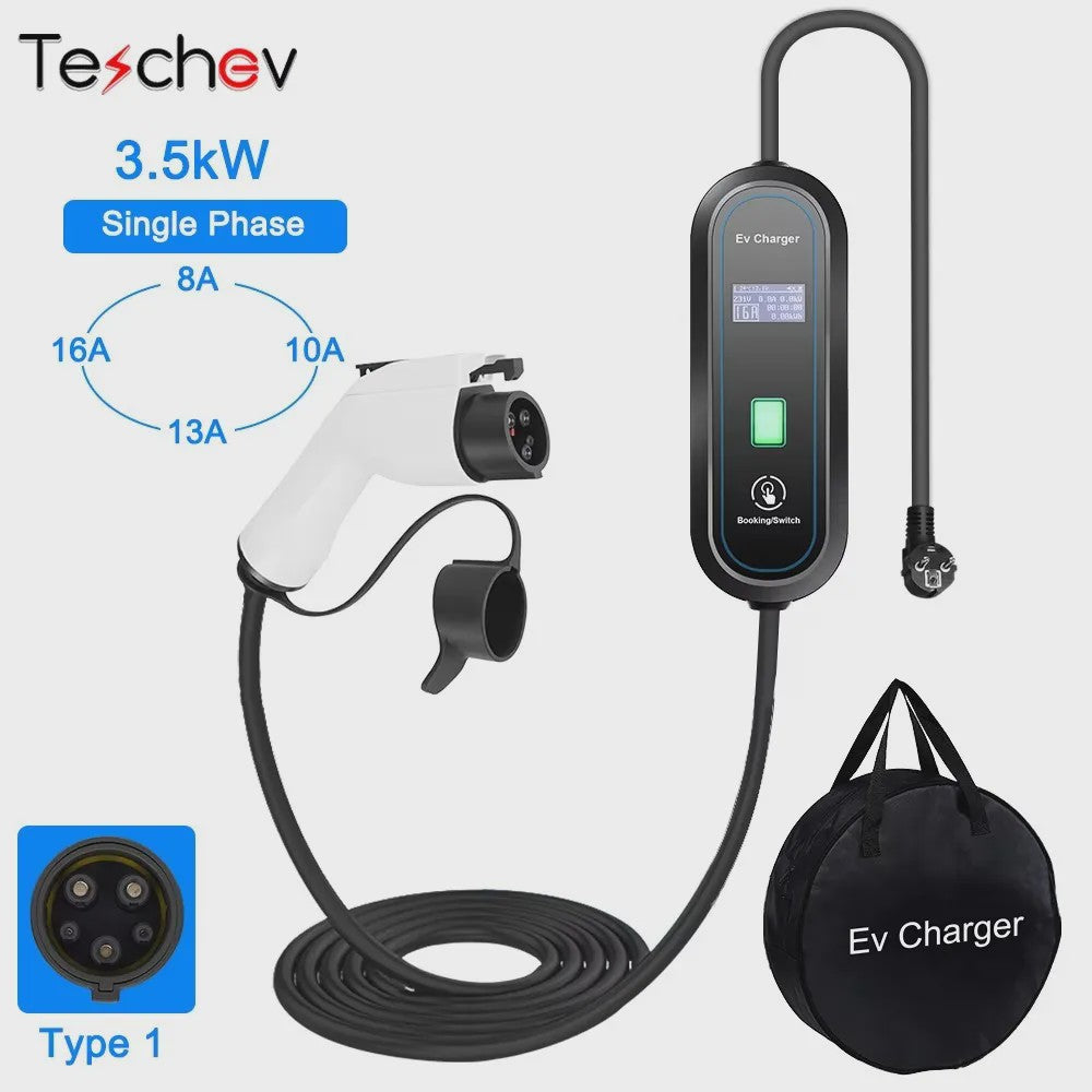 Teschev 3.5KW Draagbare EV Oplader - Type 2 & Type 1, 16A, IP65 Waterdicht