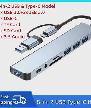 8-in-2 USB-C Hub met SD/TF Kaartlezer, 3.5mm Audio & USB 3.0 Extender voor MacBook/PC/Laptop