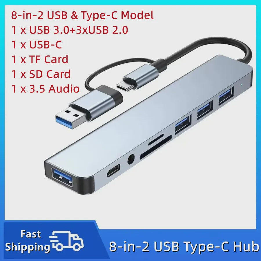 8-in-2 USB-C Hub met SD/TF Kaartlezer, 3.5mm Audio & USB 3.0 Extender voor MacBook/PC/Laptop