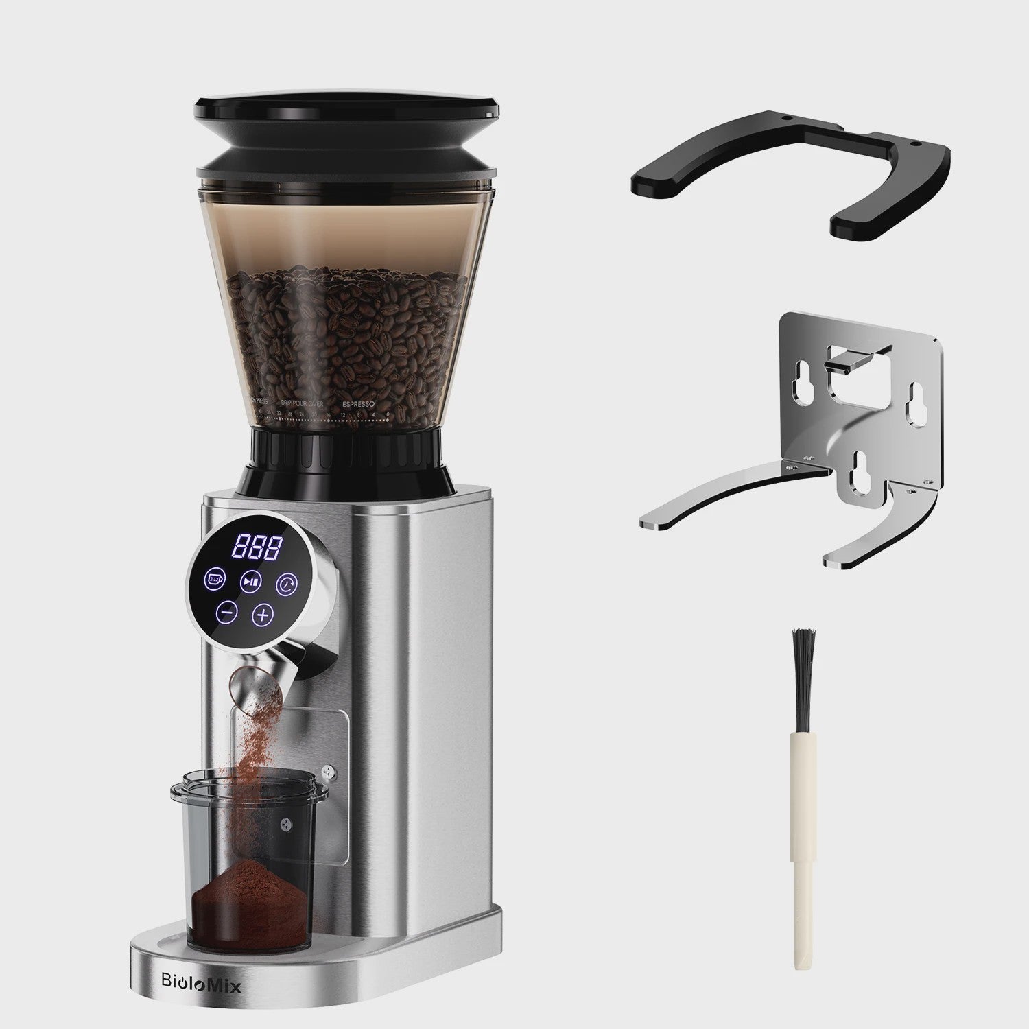 BioloMix Professionele Koffiemolen met 48 Instellingen en Timer voor Espresso, Filterkoffie & French Press