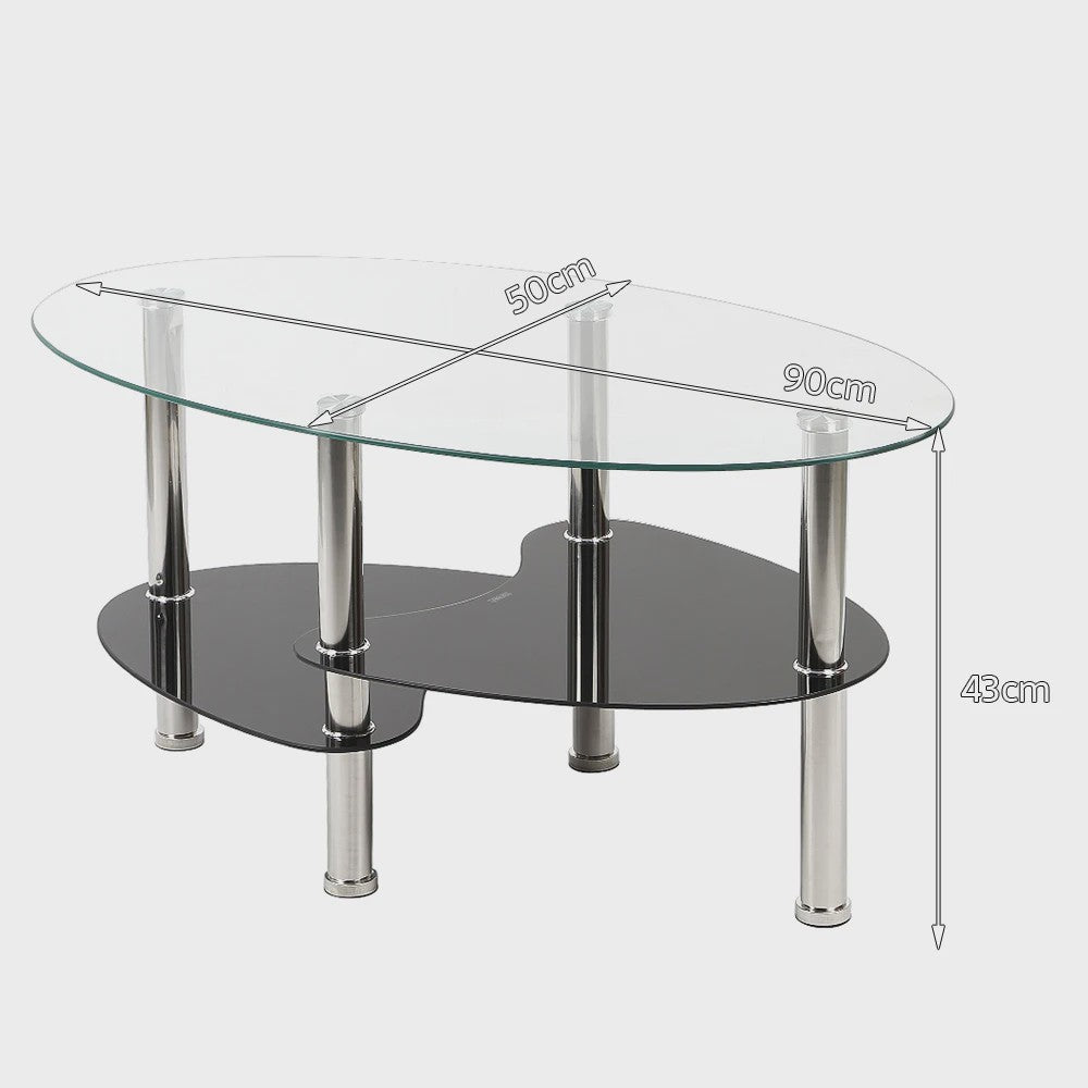 Ovale Glazen Koffietafel met 2 Niveaus - 90x50x45cm - Stijlvol en Modern