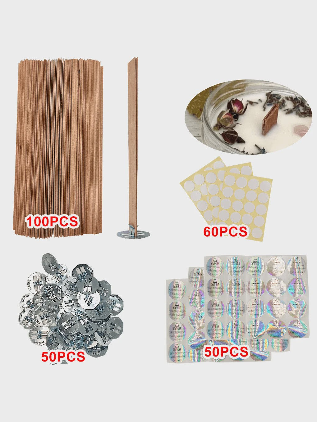 Houten Kaarsen Lonten Set - DIY Kaarsen Maken met Ring, Lijm & Waarschuwingsstickers