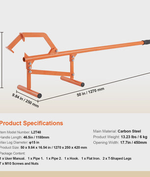 Robuuste Houtklover met Verstelbare Cant Hook - 46.5" Handvat, voor Stammen tot 15" Diameter