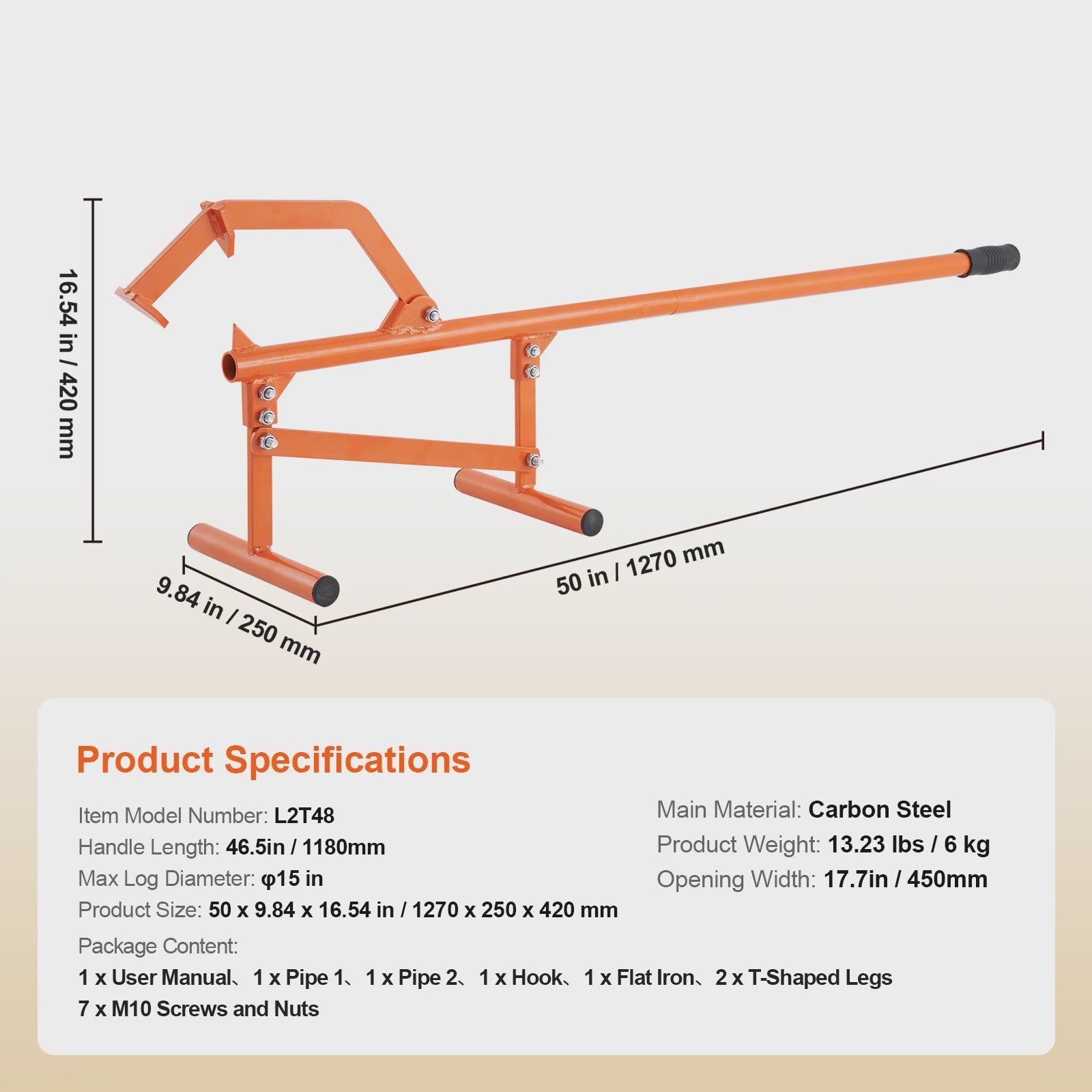 Robuuste Houtklover met Verstelbare Cant Hook - 46.5" Handvat, voor Stammen tot 15" Diameter