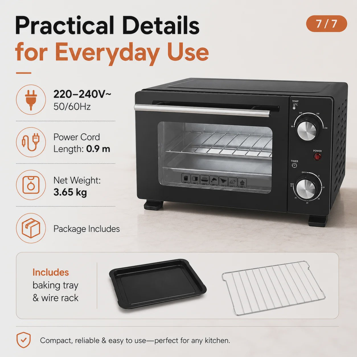Compacte Elektrische Oven 10L - 800W, 90-230°C, Timer, Bakplaat & Rooster