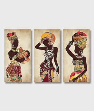 Set van 3 Afrikaanse Vrouwen Canvas Schilderijen - Vintage Wanddecoratie
