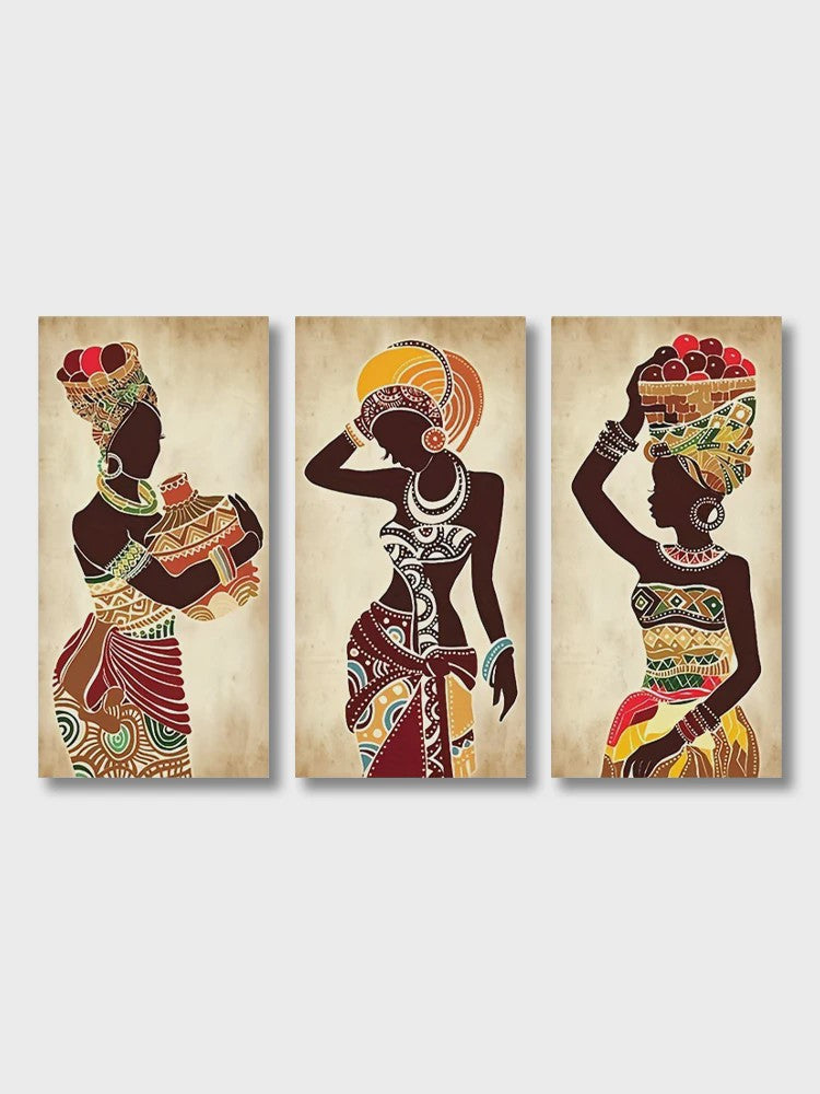 Set van 3 Afrikaanse Vrouwen Canvas Schilderijen - Vintage Wanddecoratie