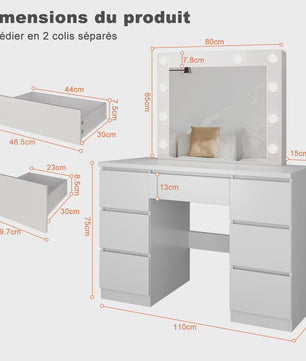 Witte Kaptafel met LED Spiegel, 8 Lades & Ingebouwd Stopcontact
