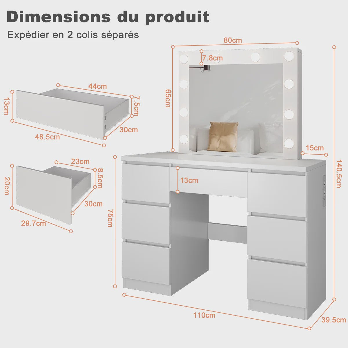 Witte Kaptafel met LED Spiegel, 8 Lades & Ingebouwd Stopcontact
