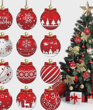 12x Houten Kerstballen Ornamenten Rood Wit - Feestelijke Winter Decoratie