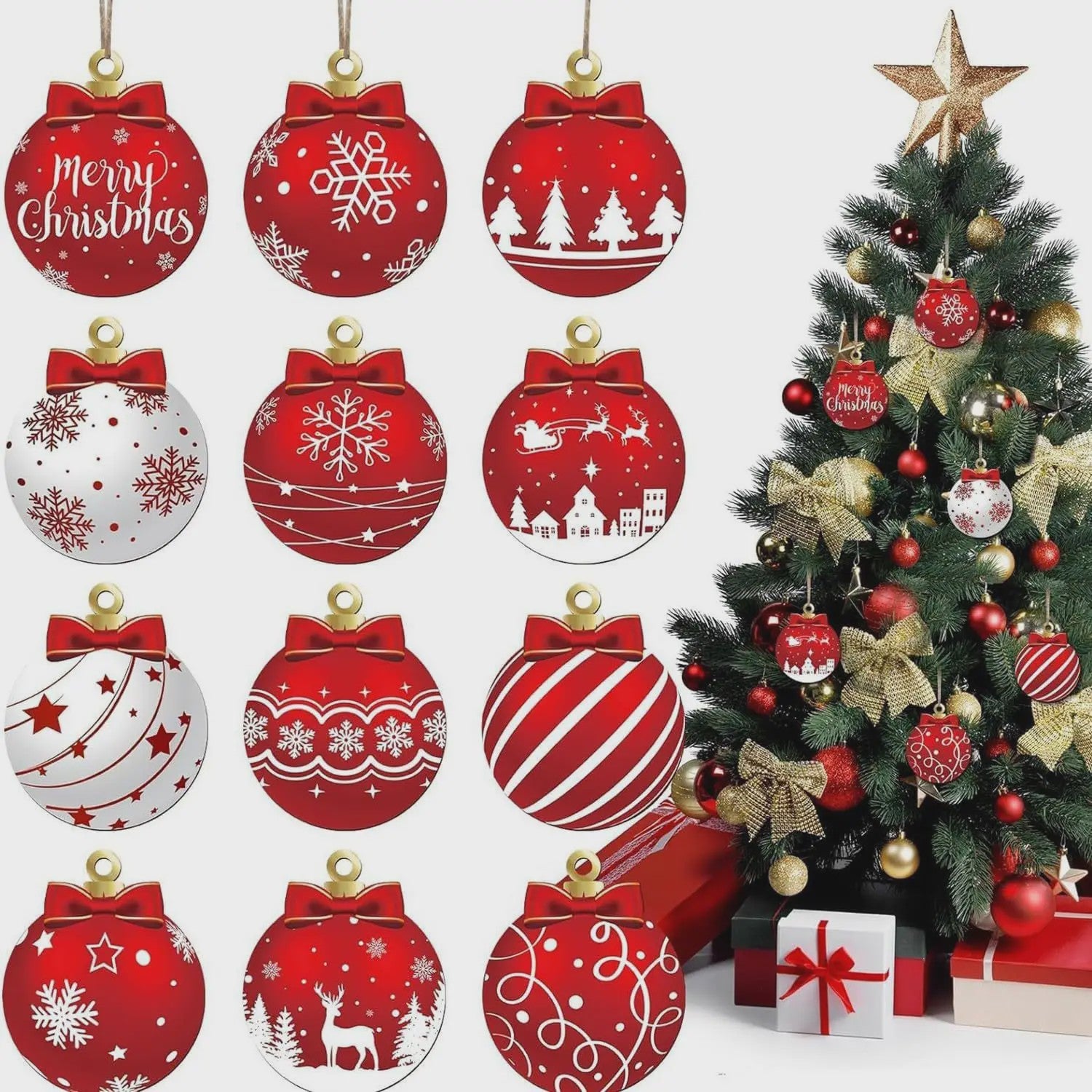 12x Houten Kerstballen Ornamenten Rood Wit - Feestelijke Winter Decoratie