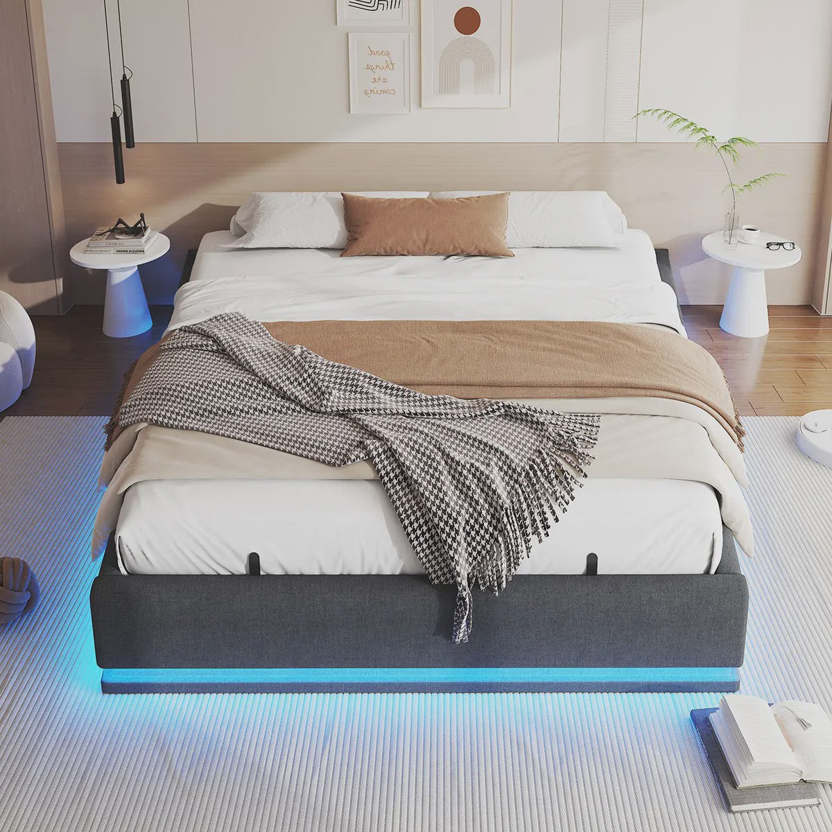 160x200cm Boxspring Bed met Hydraulische Opbergruimte en RGB LED Verlichting