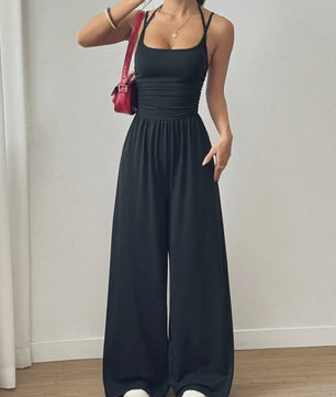 Dames Jumpsuit met Wijde Pijpen en Plissédetaillering - Casual Zomer & Lente