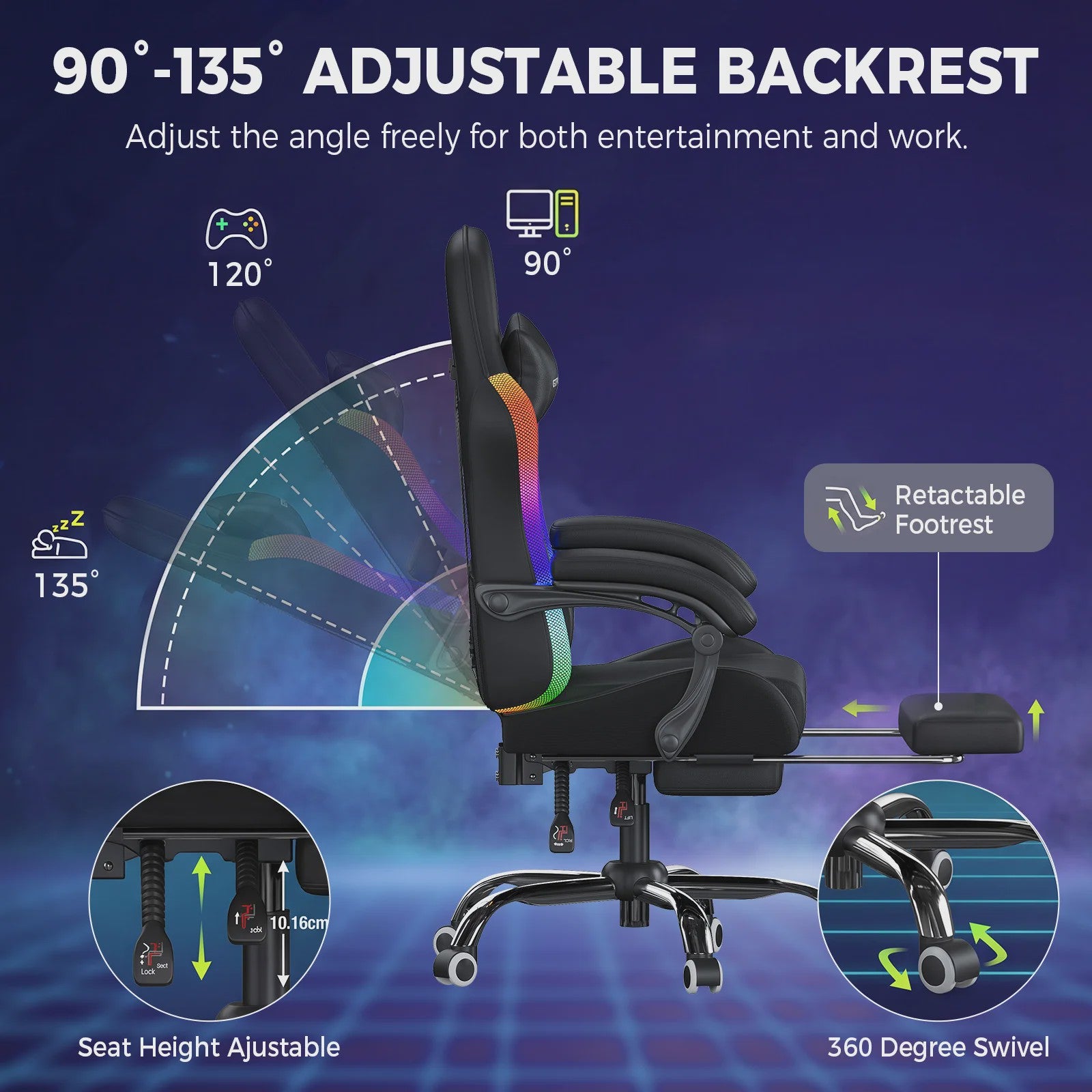 GTPLAYER Ergonomische Gaming & Kantoorstoel met LED Verlichting, Massagefunctie en Opbergvak