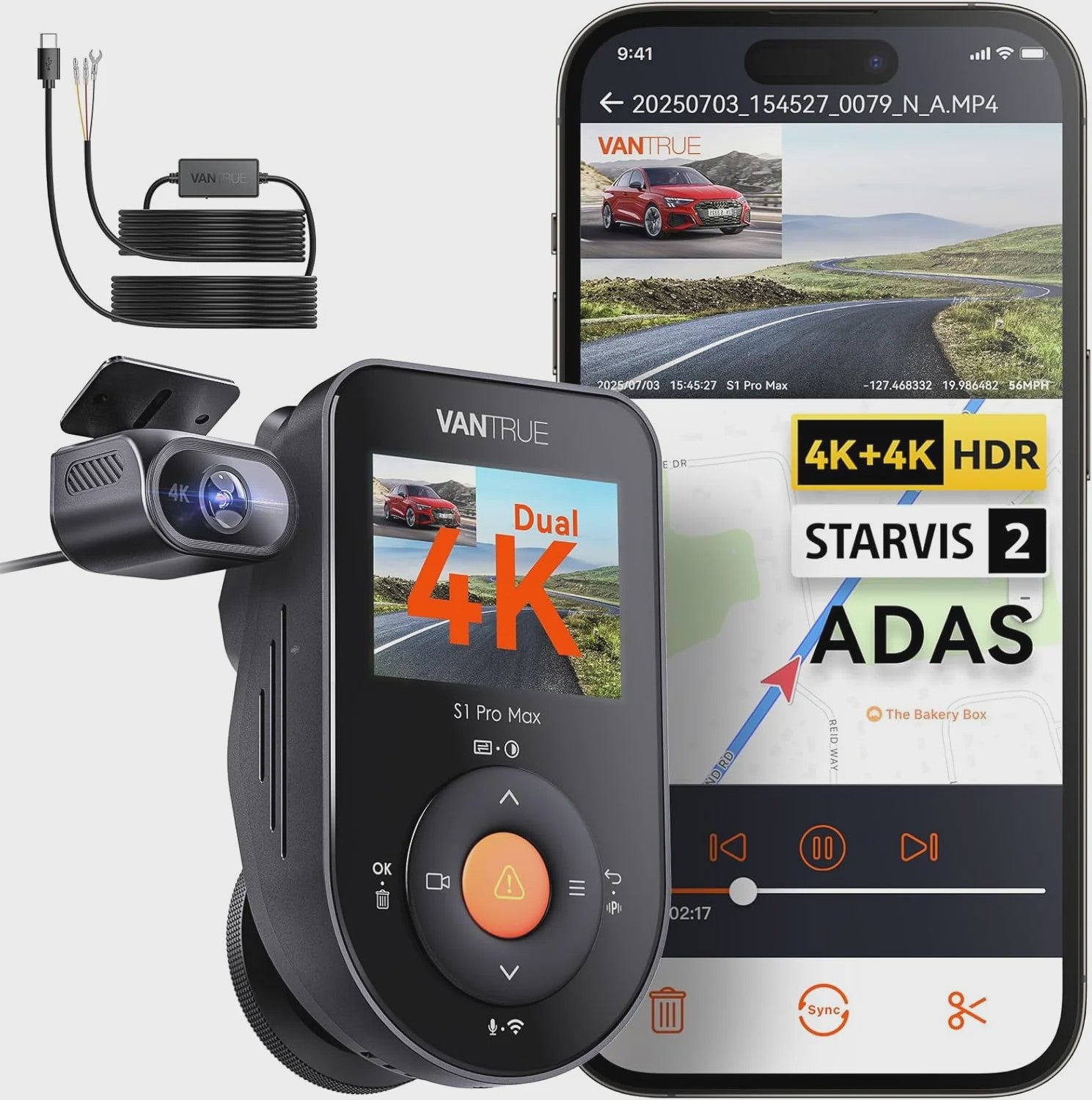 Vantrue S1 Pro Max Dual 4K Dashcam met ADAS, BSD, IP67 Waterdichte Camera en Spraakbesturing
