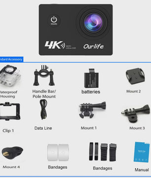 Ourlife 4K Action Camera Ultra HD 16MP met WiFi, 30M Waterdicht & 170° Groothoek