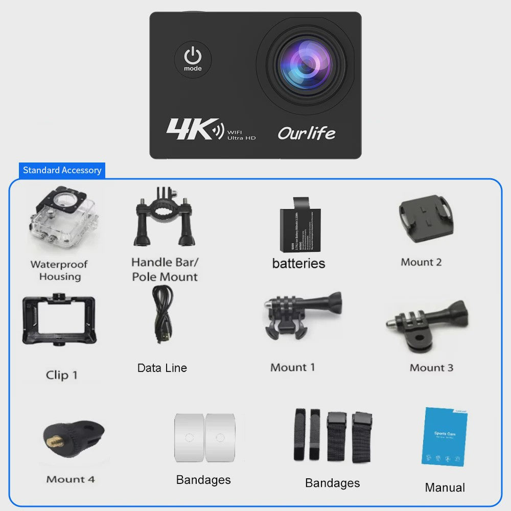 Ourlife 4K Action Camera Ultra HD 16MP met WiFi, 30M Waterdicht & 170° Groothoek