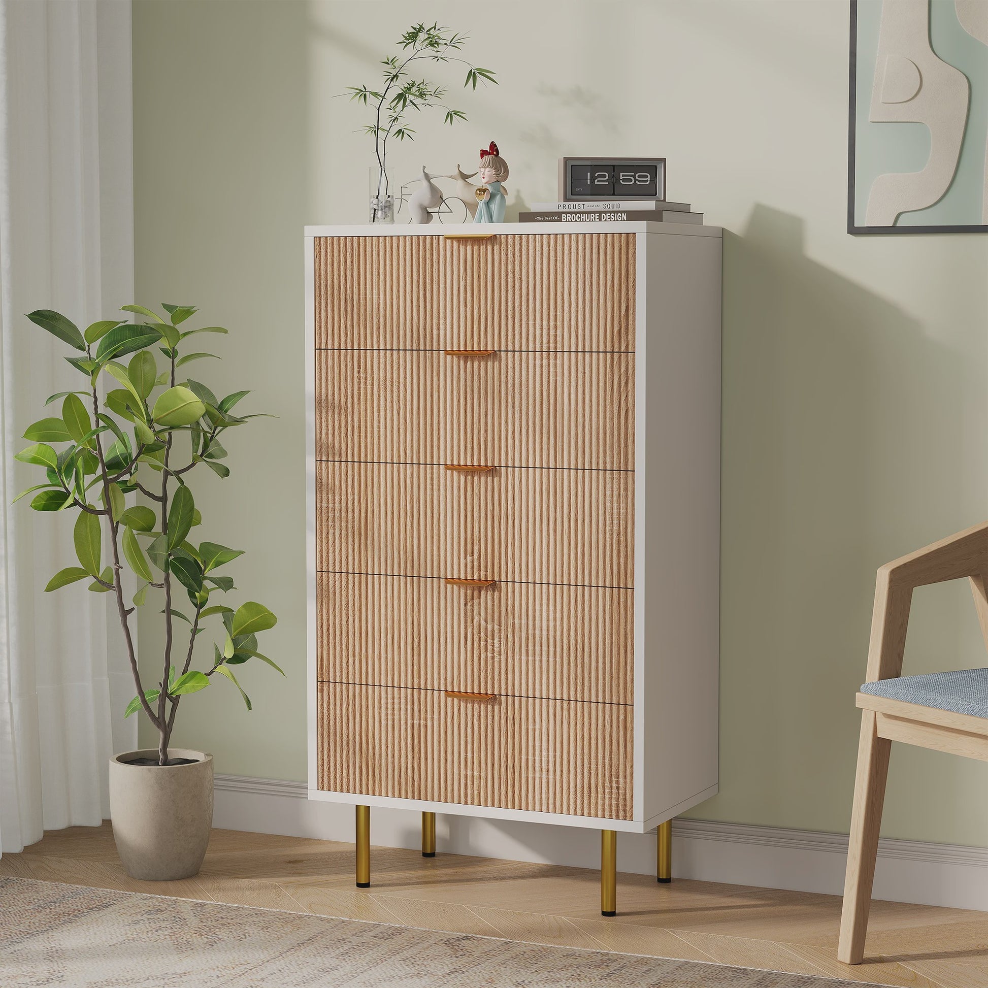 Stijlvol Wit Sideboard Kast met 6 Lades en Gouden Metalen Poten