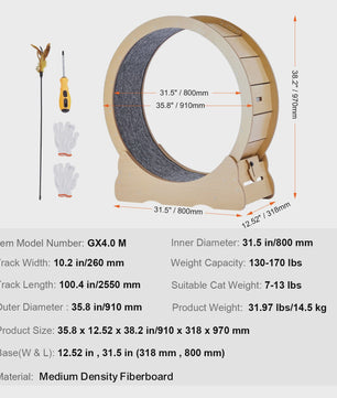Houten Katten Loopwiel XL - Grote Kattenmolen voor Binnen met Afneembaar Tapijt & Kattenhengel