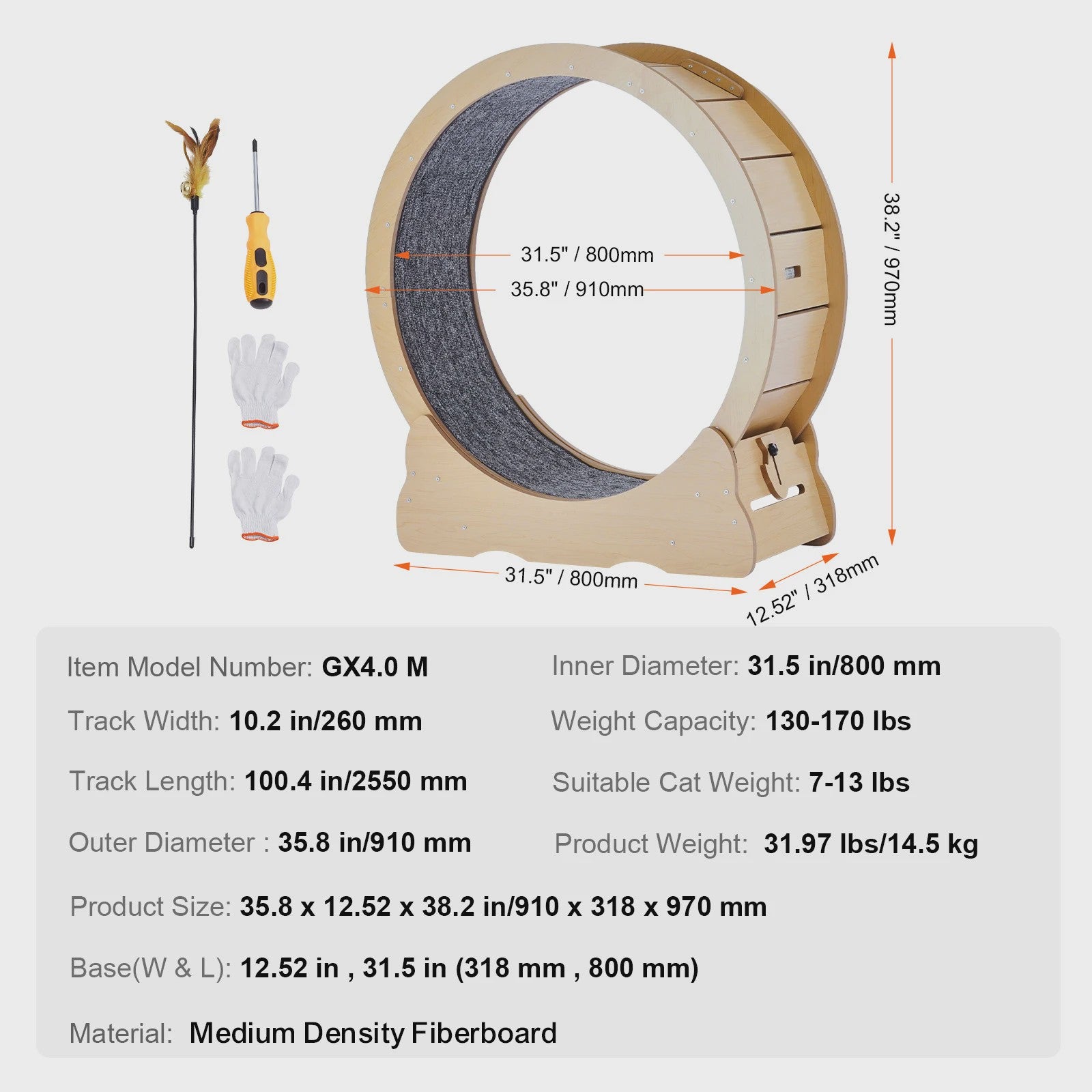 Houten Katten Loopwiel XL - Grote Kattenmolen voor Binnen met Afneembaar Tapijt & Kattenhengel