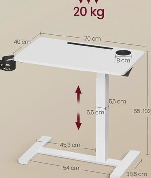 VASAGLE Mobiele bijzettafel met wielen, verstelbare hoogte, 70x40 cm, 2 bekerhouders - Ideaal als laptoptafel of bar
