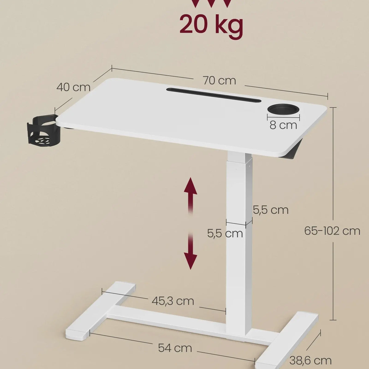 VASAGLE Mobiele bijzettafel met wielen, verstelbare hoogte, 70x40 cm, 2 bekerhouders - Ideaal als laptoptafel of bar
