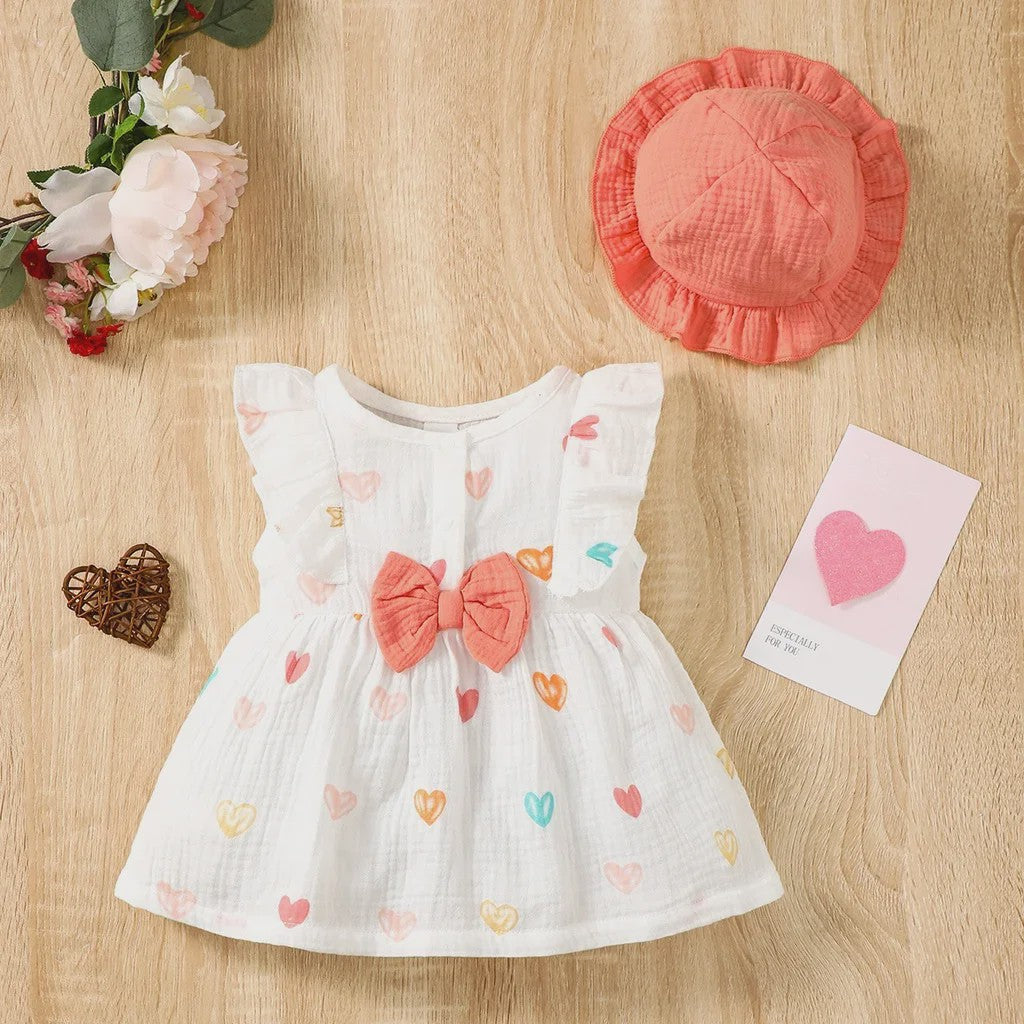 Schattige Baby Meisjes Jurk met Strik en Mutsje - Hartjes Print Zomer Set (0-9 Maanden)