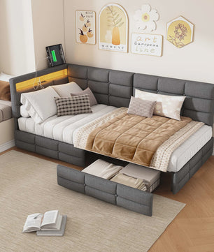 Multifunctioneel Sofa Bed met LED Verlichting, USB Opladen en 2 Lades - 90/140x200cm