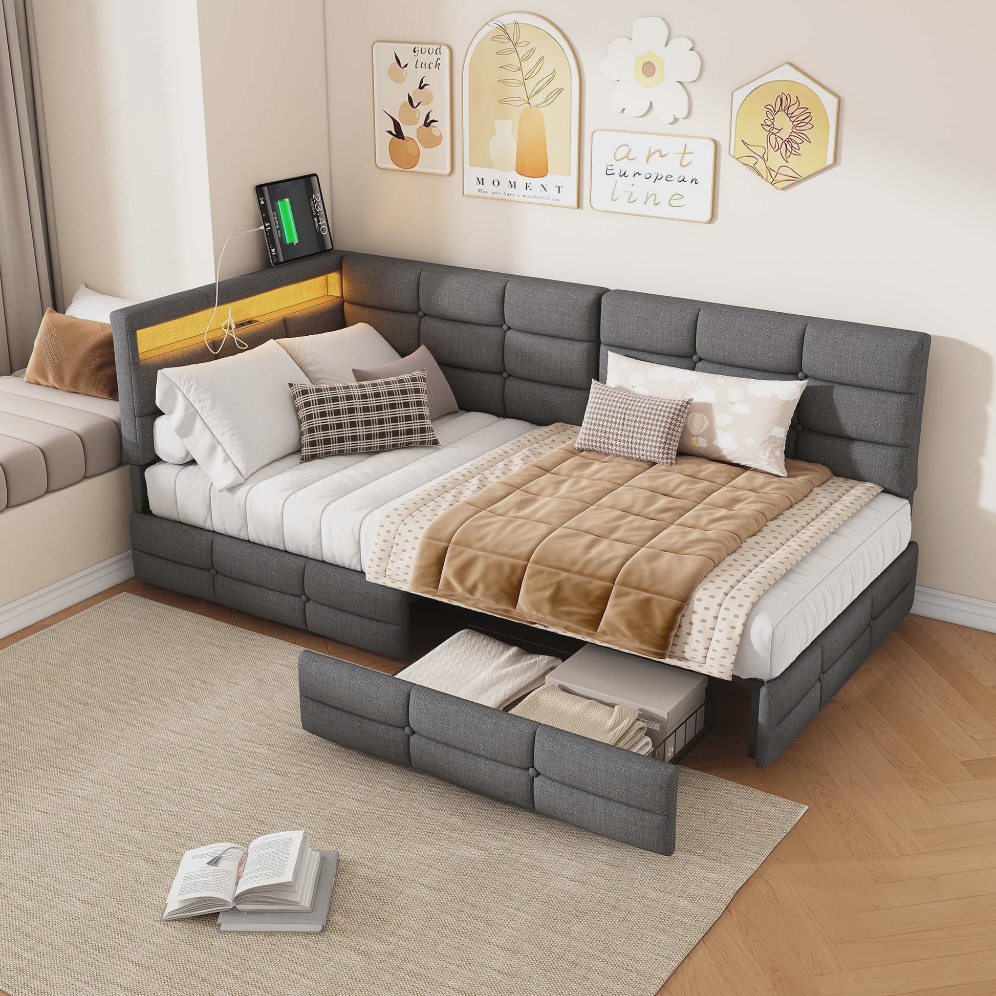 Multifunctioneel Sofa Bed met LED Verlichting, USB Opladen en 2 Lades - 90/140x200cm