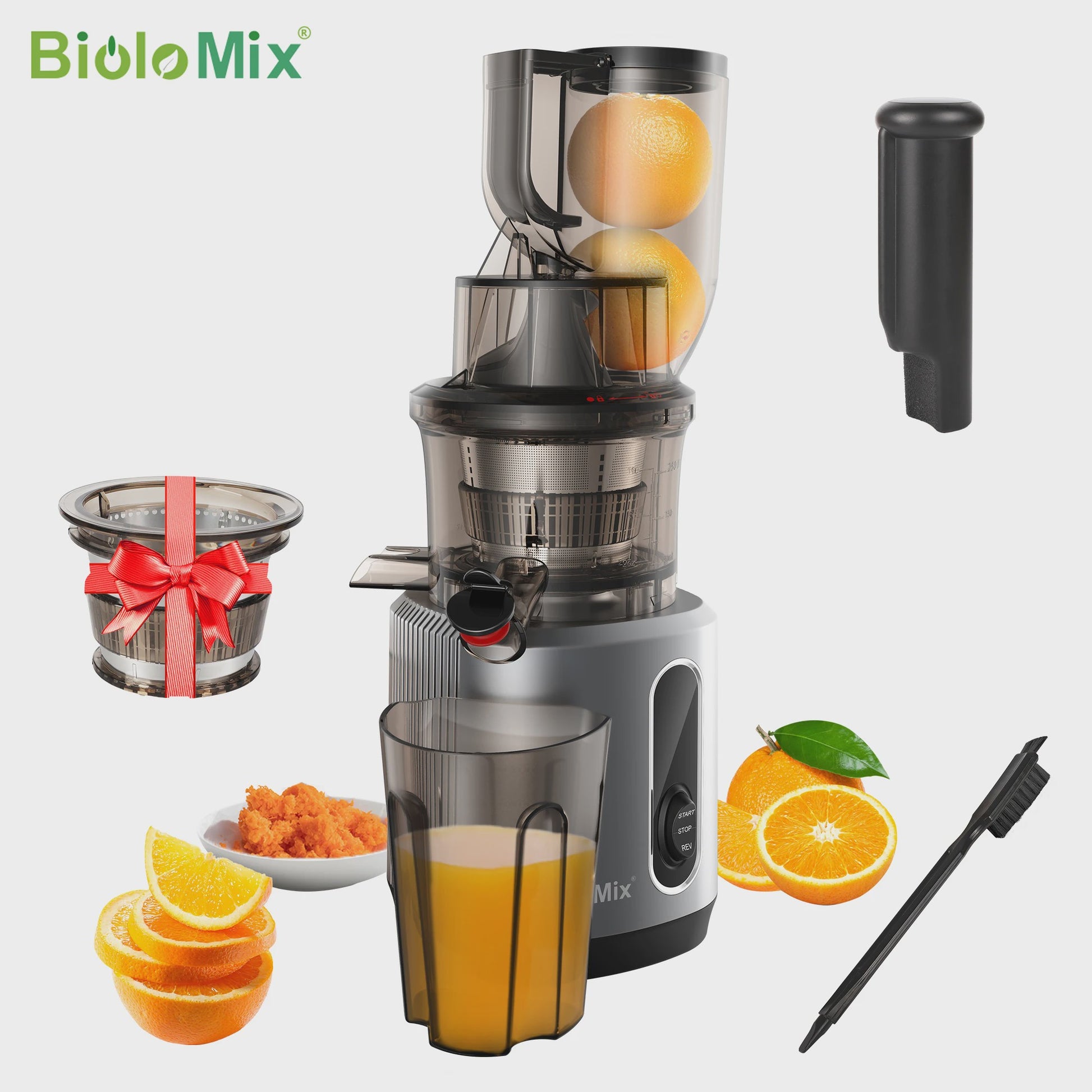 BioloMix Slowjuicer met Brede Vulopening (75mm) - Krachtige 200W Motor voor Hele Vruchten