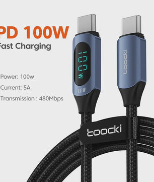 Toocki USB-C naar USB-C Kabel 100W PD Fast Charging met Digitaal Display