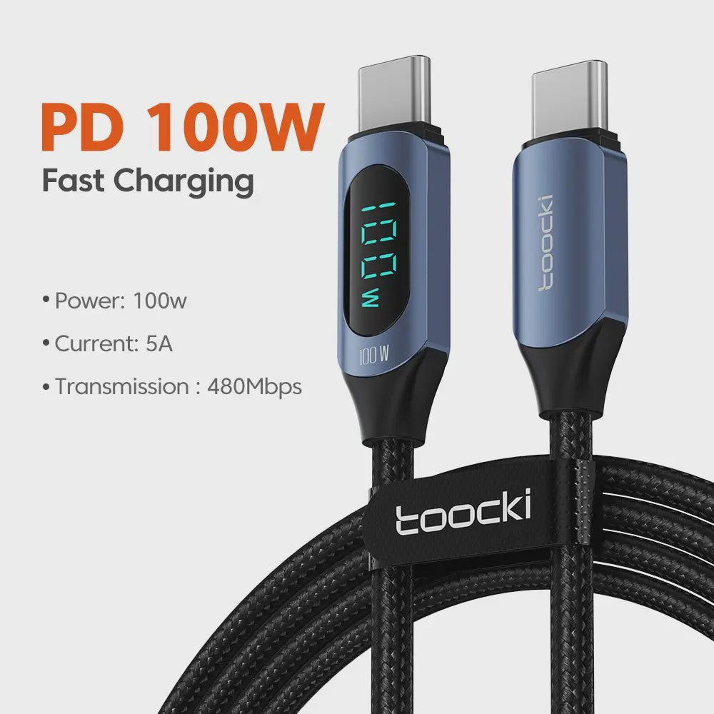 Toocki USB-C naar USB-C Kabel 100W PD Fast Charging met Digitaal Display