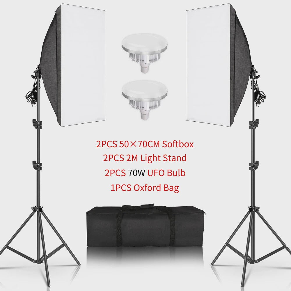 Professionele Softbox Verlichtingskit 50x70cm met E27 Lampen en Statief - Fotostudio Apparatuur