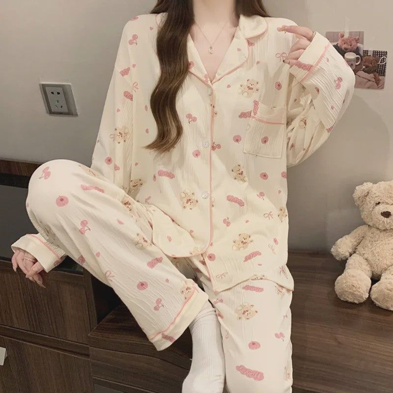 Dames Pyjama Set met Hartjesprint - Comfortabele Loungewear voor Lente & Herfst