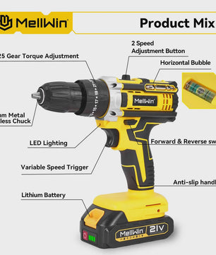 MELLWIN Accuboormachine Set 25+3 Nm - 3 Functies, 10mm Klopboorfunctie, Inclusief Koffer & Accessoires