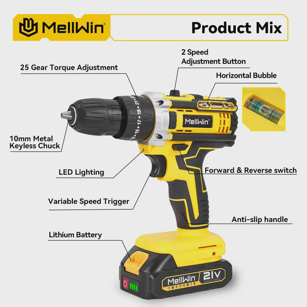 MELLWIN Accuboormachine Set 25+3 Nm - 3 Functies, 10mm Klopboorfunctie, Inclusief Koffer & Accessoires