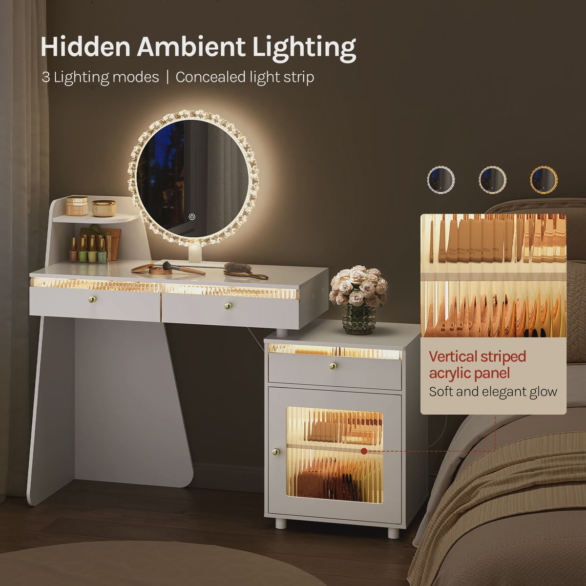 Moderne Kaptafel met LED Spiegel, 3 Lades en Verplaatsbaar Kastje - Wit