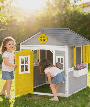 Outsunny Houten Speelhuisje met Deur, Ramen, Bloembakken en Plankjes - 114x126.4x135 cm