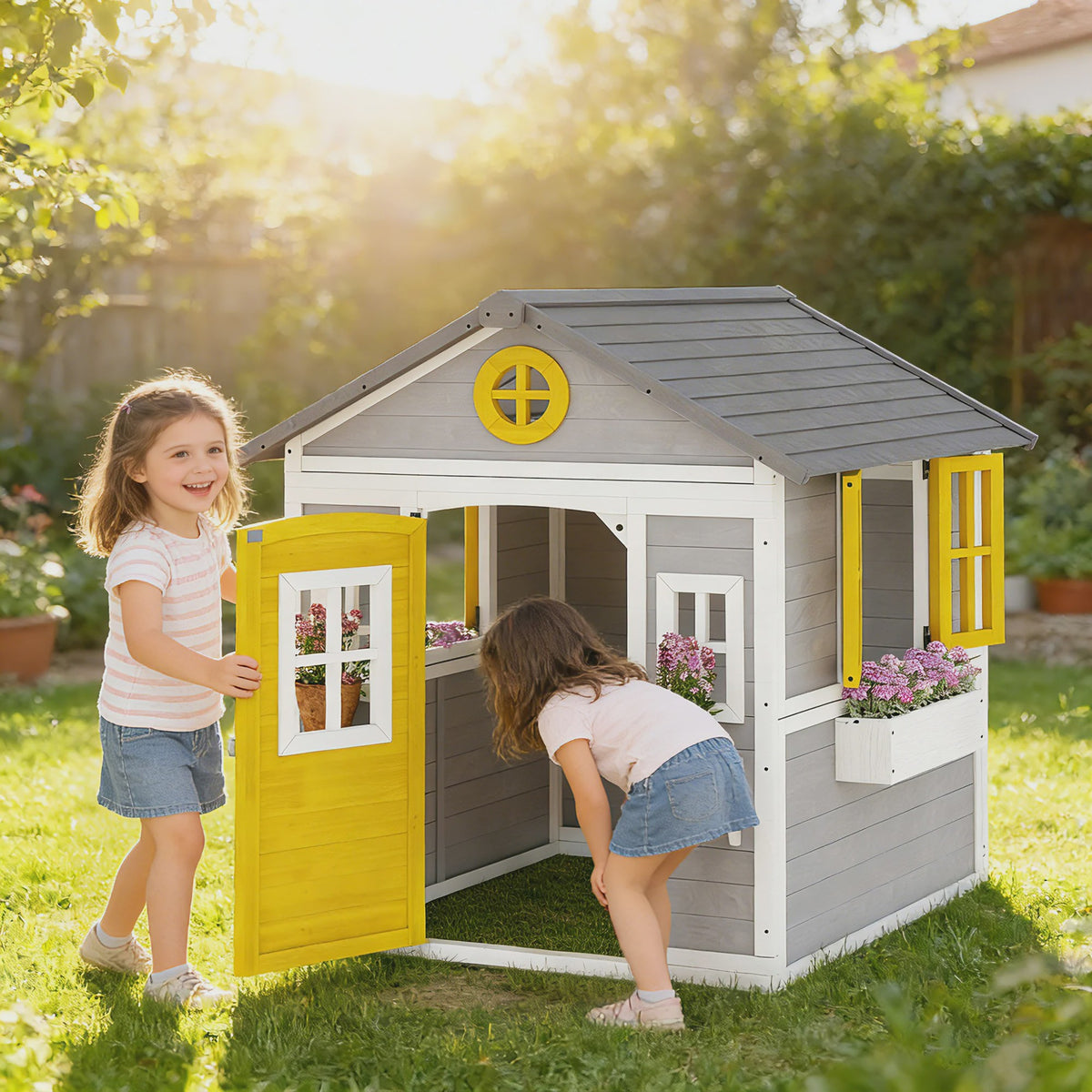 Outsunny Houten Speelhuisje met Deur, Ramen, Bloembakken en Plankjes - 114x126.4x135 cm
