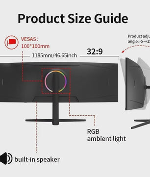 Crua 49 Inch 5K DQHD Ultrawide Curved Gaming Monitor - 120Hz, 5120x1440, VA Panel, FreeSync