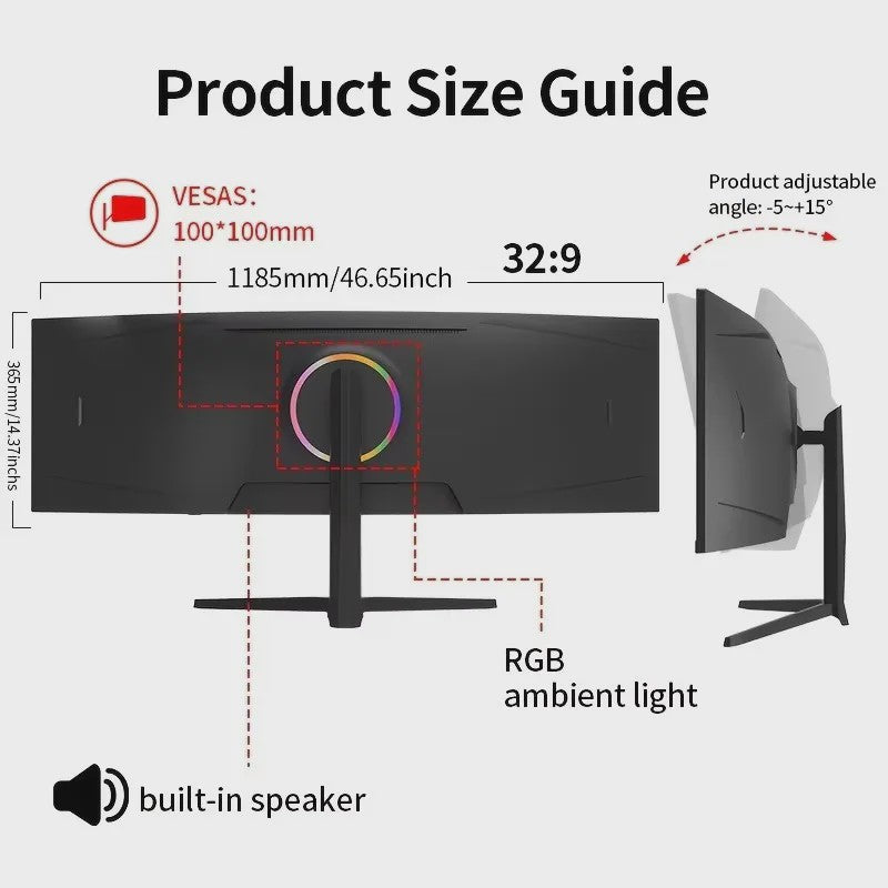 Crua 49 Inch 5K DQHD Ultrawide Curved Gaming Monitor - 120Hz, 5120x1440, VA Panel, FreeSync