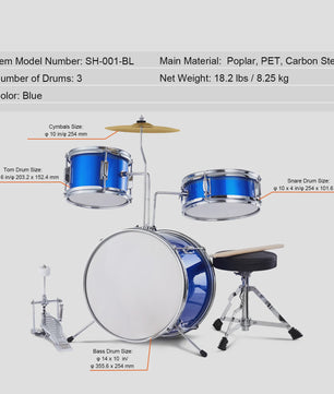 3-delige Kinder Drumstel Set 14 inch - Inclusief Krukje, Bekken & Stokken - Zwart/Blauw
