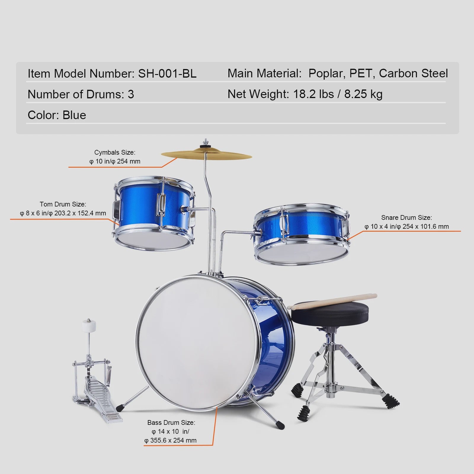 3-delige Kinder Drumstel Set 14 inch - Inclusief Krukje, Bekken & Stokken - Zwart/Blauw