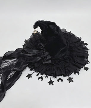 Luxe Heksenhoed van Kant en Fluweel met Maan & Sterren - Perfect voor Halloween & Cosplay