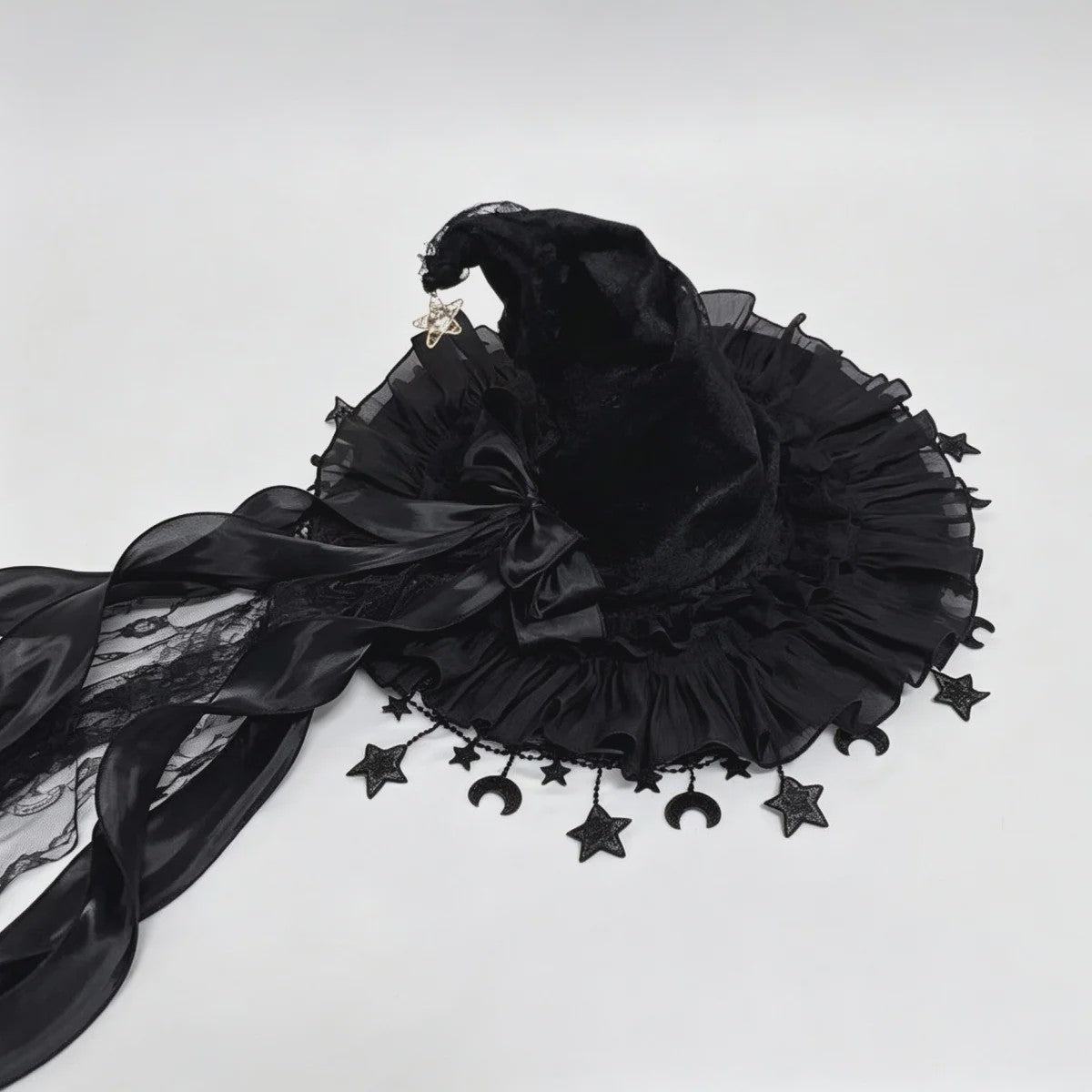 Luxe Heksenhoed van Kant en Fluweel met Maan & Sterren - Perfect voor Halloween & Cosplay